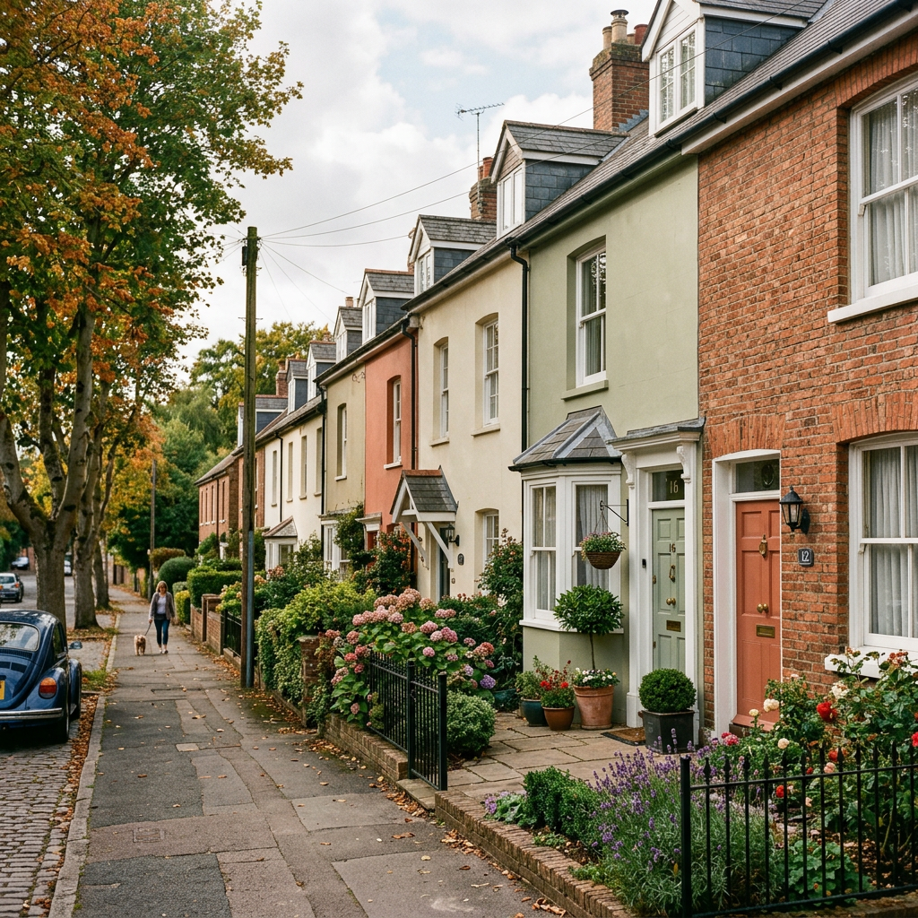 Street with pastel-colored houses, gardens, and a woman walking a dog