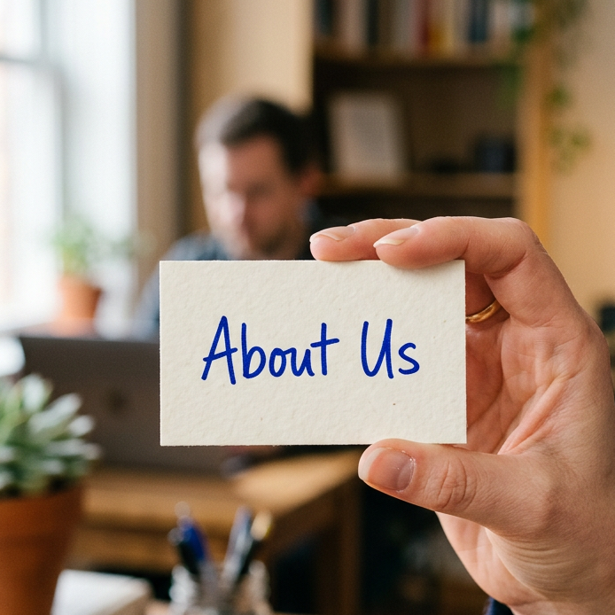 Hand holding a card with text 'About Us' in an office environment