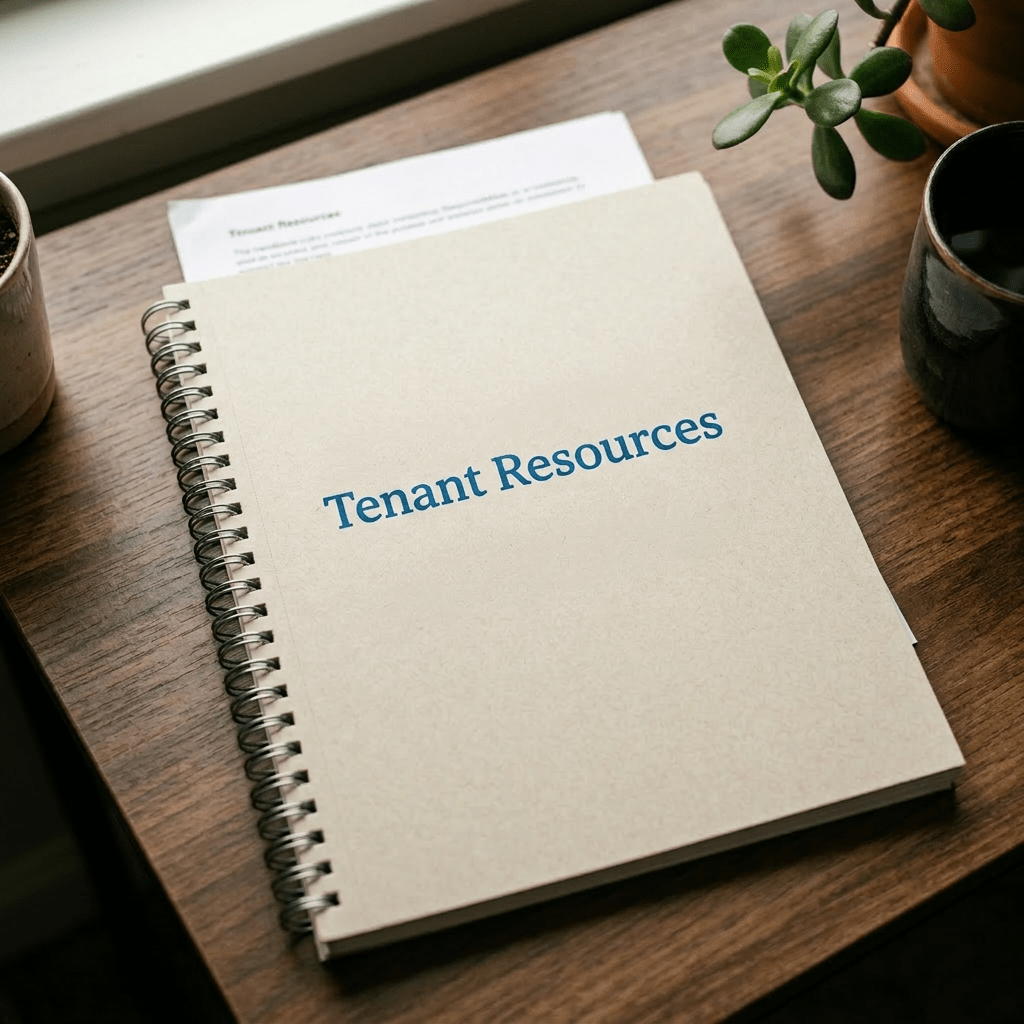 Handbook titled Tenant Resources with subtitle A Practical Guide to Rights and Responsibilities on a wooden desk